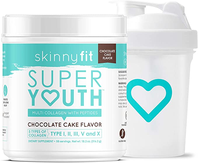 SkinnyFit Super Youth Collagen Powder Chocolate Cake Flavor, Types I, II, III, V and X, and 20 oz. Shaker Bottle, BPA Free with Mixing Grid, Leak Proof Ideal for Collagen Protein Shakes, 58 Servings