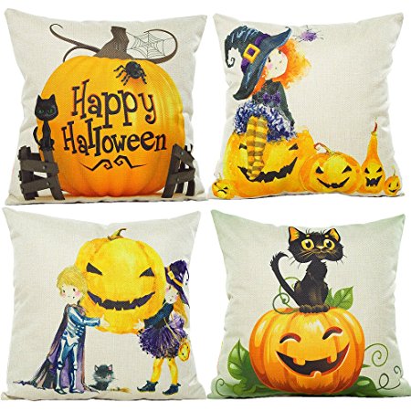 HOSL PW03 4-Pack Happy Halloween Cotton Linen Square Decorative Sofa Throw Pillow Case Cushion Cover Spider Cat Pumpkin