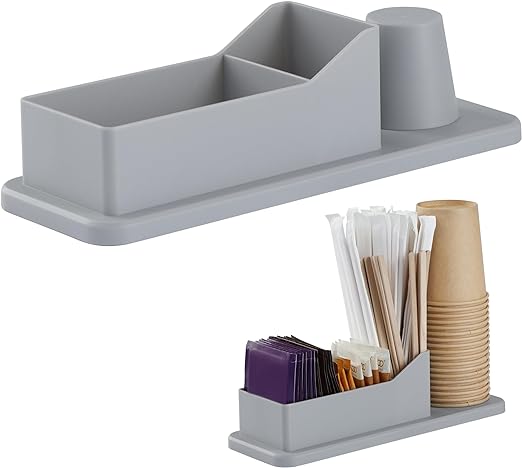 Navaris Small Coffee Station Organizer - Tea and Coffee Condiment Supplies Holder with Stacking Cup Storage - For Kitchen or Office Break Room - Gray