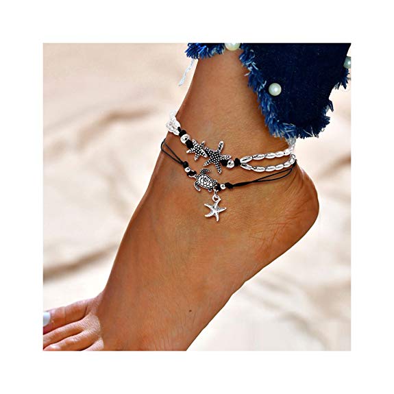 Geerier Handmade Starfish Turtle Anklet Turquoise Pearl Beach Anklet Foot Chain for Women 2pcs Pack