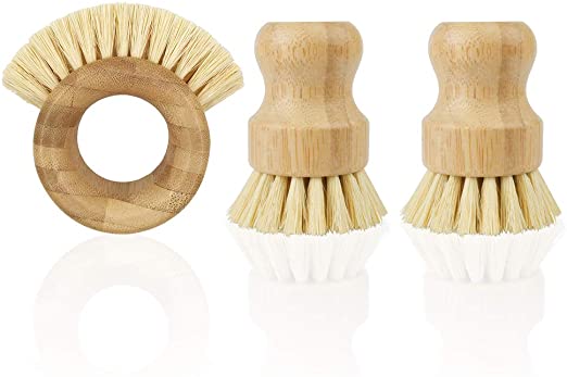 3 Pack Bamboo Dish Scrub Brush, Picowe Natural Vegetable Brush Dish Scrub Brush for Dishes Cast Iron Pots Pans Fruits, Used in Bathroom Kitchen Household Cleaning