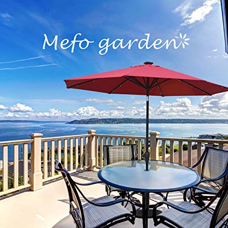 Mefo garden 9 Ft Aluminum Patio Umbrella with LED Lights & USB Interface Crank Handle for Outdoor Use Red