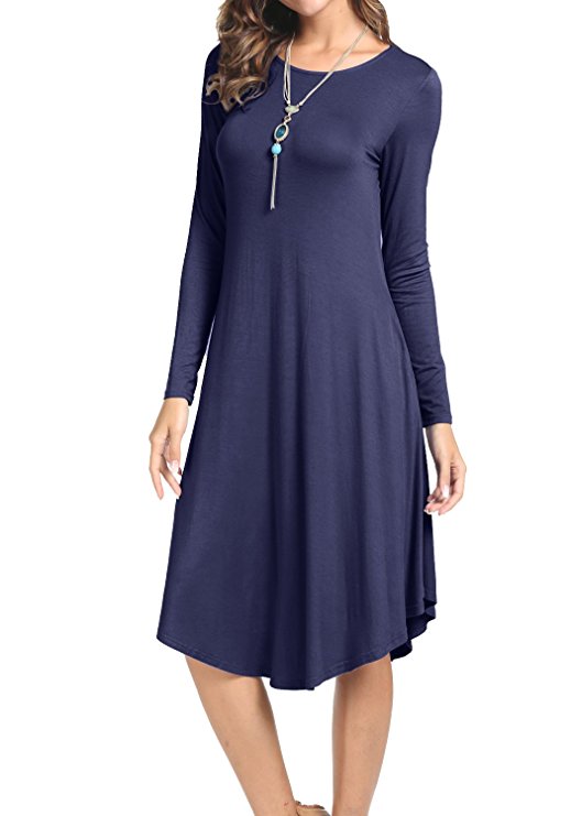 Levaca Women's Plain Long Sleeve Pockets Pleated Loose Swing Casual Midi Dress