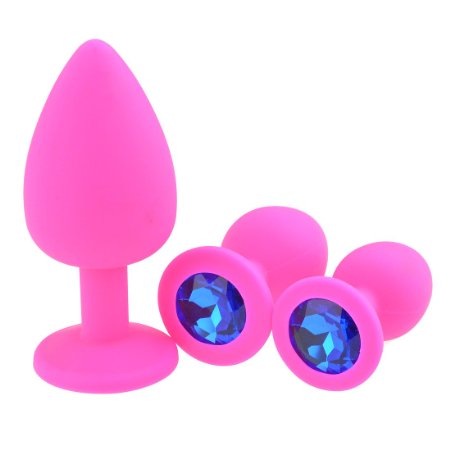 Hmxpls 3 Pcs Large, Medium, Small Silicone Jeweled Anal Butt Plugs Anal Trainer Toys (Pink Blue)