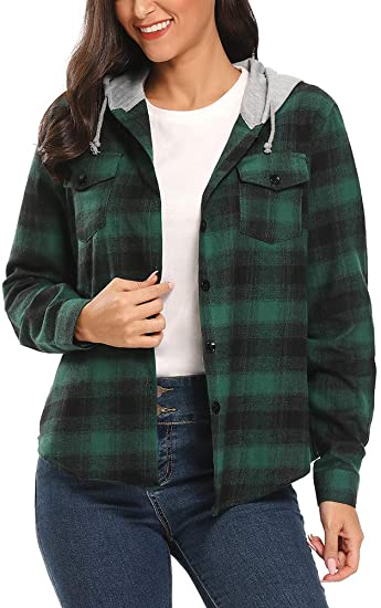 BomDeals Women's Classic Plaid Cotton Hoodie Button-up Flannel Shirts