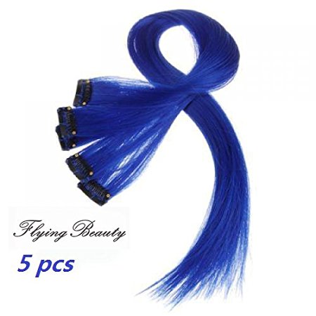 Blue Clip in Human Hair Extensions Straight Blue Clip on Highlights Hair Extensions 5 Pieces/set 18 Inch Color Blue