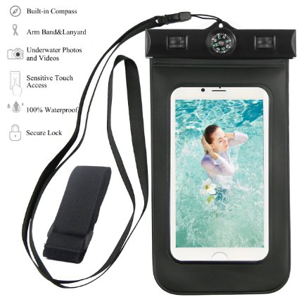 Waterproof iPhone 6 case,Armband,Built-in Compass,Ailun Bag universal for iPhone 6 Plus/6/6s/5s/5c/SE,Samsung Galaxy S7/S6/EDGE/S5/S4/NOTE 4/3/2,LG G4/3,for Boating/Hiking/Swimming/Diving[Black]