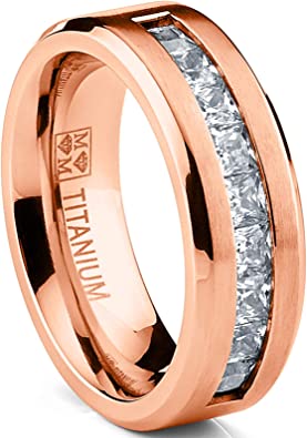 Metal Masters Co. Titanium Men's Wedding Band Engagement Ring with 9 Large Princess-Cut Cubic Zirconia Rose Goldtone