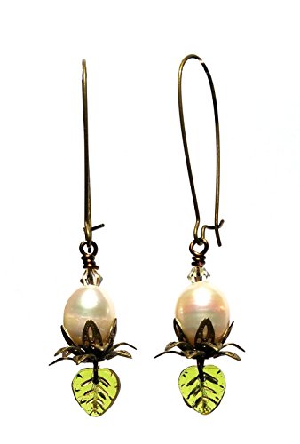 A Pearl Lotus Flower Bloom with Glass Leaf Earrings in Antique Brass