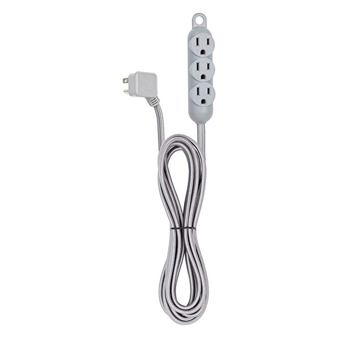 Globe Electric 22971 Designer Series 12ft Fabric Extension Cord, 3 Grounded Outlets, Right Angle Plug, 125-Volts, Integrated Hanging Hook, Metallic Gray Finish,