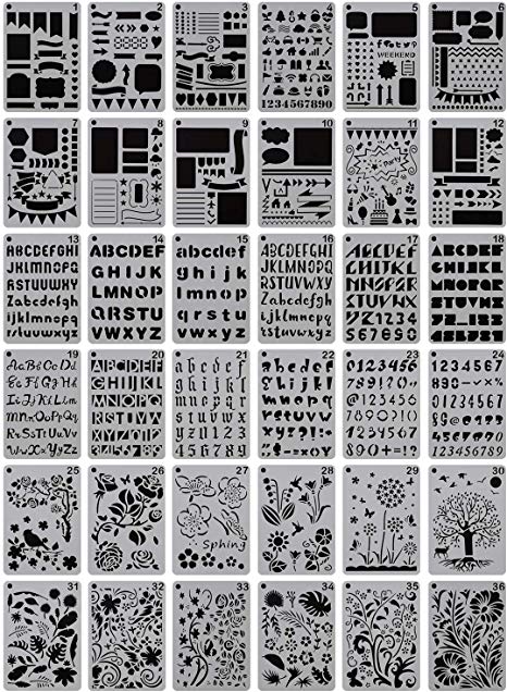 YUEAON 36-Pack 5" x 7" Drawing Stencils Floral Letter and Number Template Stencil for A5 Bullet Journal Scrapbooking Notebook Dairy Planner Craft