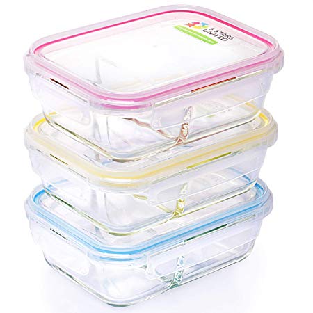 Glass Food Storage 2-Compartment Containers - Divided Meal Prep Lunch Boxes - 3-Pack - Microwave, Freezer, Dishwasher Safe - Airtight Lids, Portion Control Set, 3 x 32 Oz