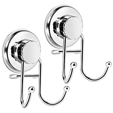 ONSON Powerful Vacuum Suction Cup Hook Holder, Strong Stainless Steel Hooks for Bathroom & Kitchen,Towel Hanger Storage,Bath robe, Coat, Loofah,Chrome (2 Pack)