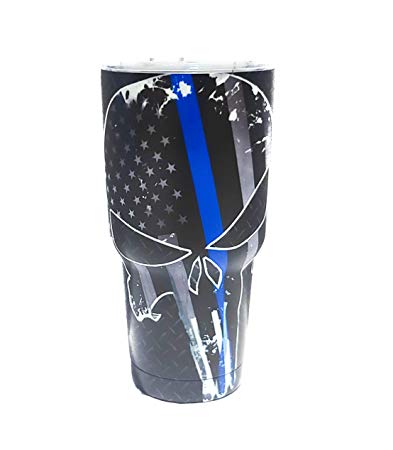 Txdeals4u 30 oz Stainless Steel Vacuum Insulated Tumbler with Lid - Double Wall Travel Mug Water Coffee Cup for Ice Drink & Hot Beverage, Punisher Skull w/free Paracord Keychain (Thin Blue Line)