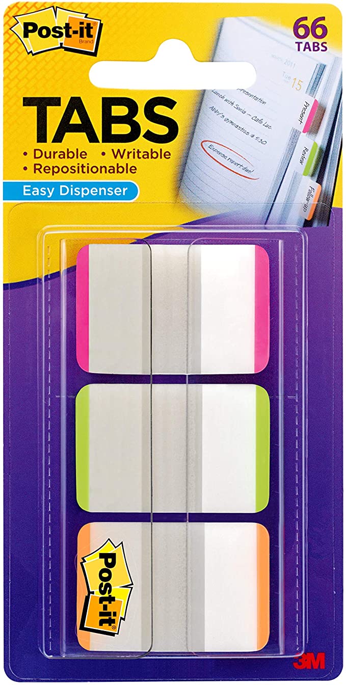 Post-it Tabs, 1 in., Lined, Pink, Green, Orange, Durable, Writable, Repositionable, Great for Files, Binders and Notebooks, 22 Tabs/Color, 66 Tabs/On-the-Go Dispenser, (686L-PGO),Assorted Bright Lined