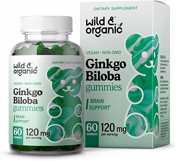 Wild & Organic Ginkgo Biloba Gummies - Herbal Daily Supplement to Promote Blood Circulation, Cognitive Function, Brain Health - Natural Energy Booster & Mood Support - Vegan, Non-GMO - 120mg, 60 Chews