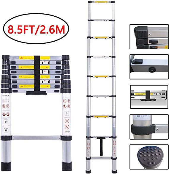 Folding Ladder Aluminum Telescopic Extension Ladders EN131 Standard with Spring Loaded Locking Mechanism(2.6M/8.5Ft)