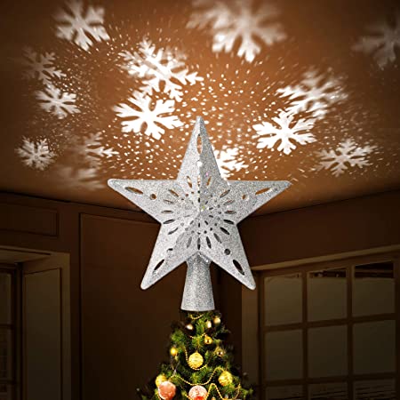 Star Christmas Tree Topper Lighted with LED Snowflake Projector Lights,Christmas Tree Toppers Decoration with Snowflake Projector for Holiday Fantastic Romantic Indoor Light Lamp Gift