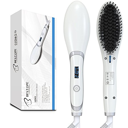 BESTOPE Hair Straightener Brush Electric Heating Hair Straighteners Ceramic Detangling Comb Digital Anion Hair Care, Anti-Scald Effective Silky (6 Temp Levels, Max 210°C)