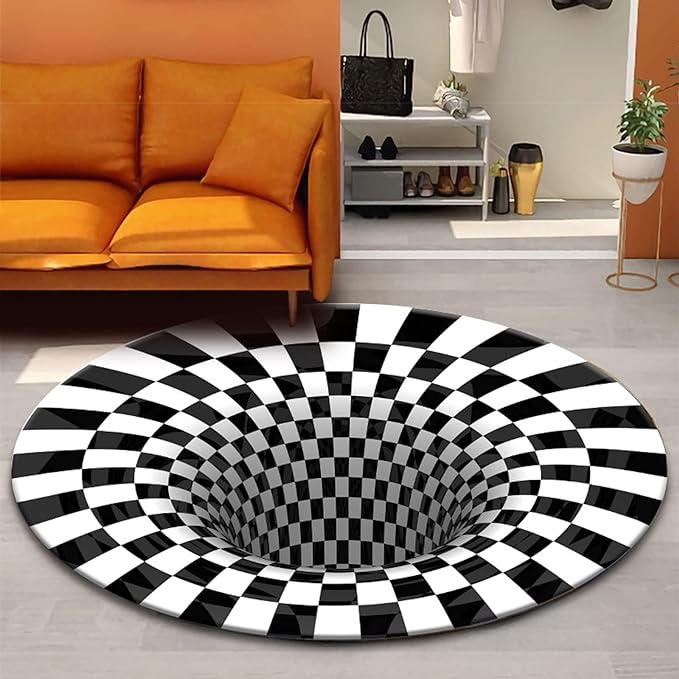 3D Vortex Illusion Area Rug Black & White Round Rugs Doormats for Bedroom Living Room Floor Mat Carpet 100x100cm