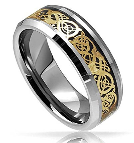 King Will Mens 8mm Tungsten Carbide Ring Gold Celtic Dragon Inlay Comfort Fit Mens Wedding Band