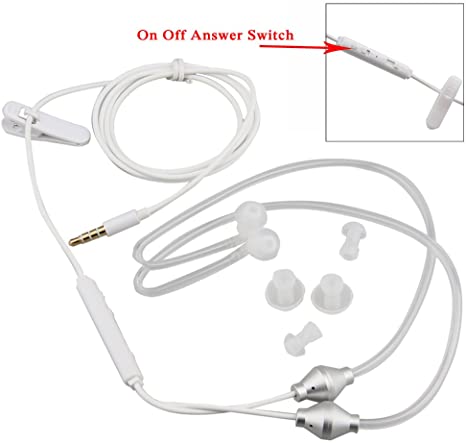 SHZONS White Universal 3.5mm Jack Anti-Radiation Air Tube Acoustic Stereo Earbuds Earphone with Microphone and On Off Answer Switch for Cell Phone, Tablet, Computer, MP3, etc. Two Way Radio