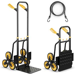 Goplus Stair Climbing Hand Truck, Folding Height Adjustable Dolly with 350 LBS Capacity, Elastic Rope, Telescoping Handle, 6 Rubber Wheels, 12” x 11.5” Nose Plate, 2-in-1 Heavy Duty Hand Cart