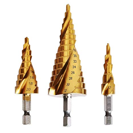 Knoweasy HSS Titanium Coated Spiral Grooved Step Drill 3-Piece Set,4-12mm/4-20mm/4-32mm Drill Bits Set for Sheet Metal Hole Drilling