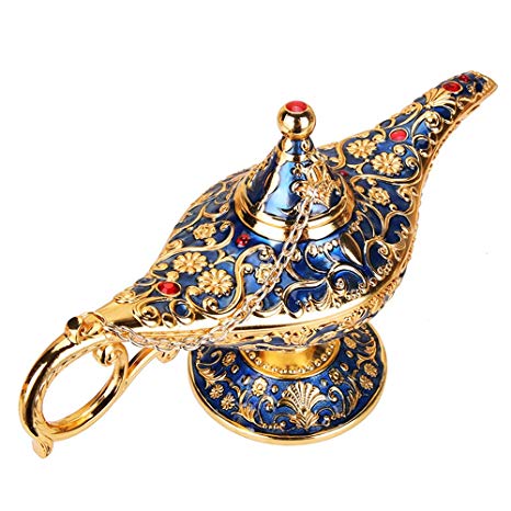Wispun Aladdin Magic Genie Lamps - Vintage Incense Burners Magic Genie Light Lamp for Home Table Decoration/Party/Halloween/Birthday (Gold-Blue)