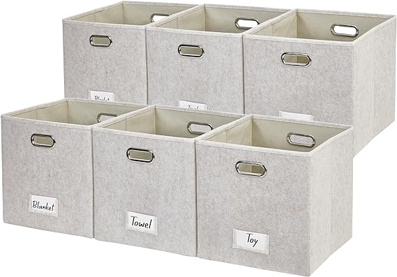 DECOMOMO Fabric Storage Cubes, Felt Basket with Label Holder 13 inch cube storage bins for Shelves Closet Toys Clothes Books (Cube 13" / 6pcs, Beige)