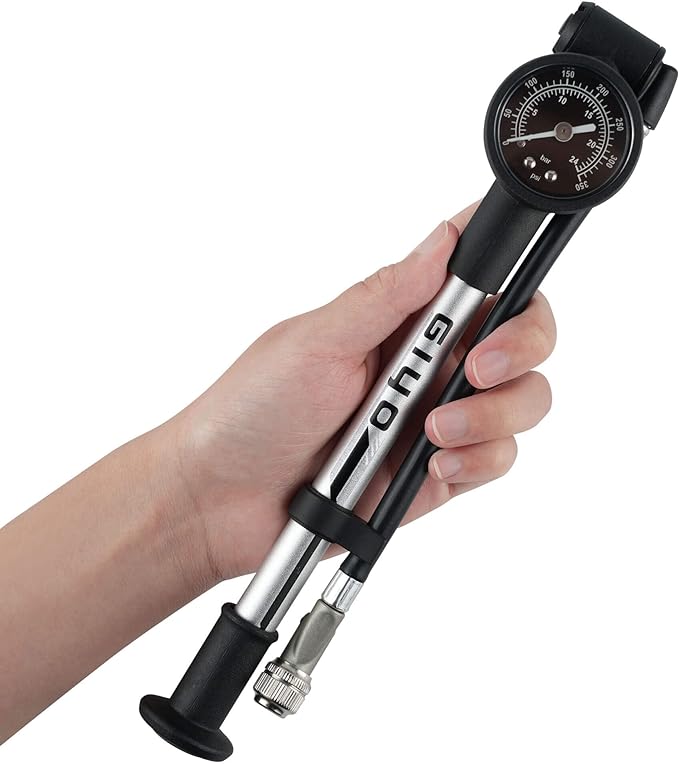 GIYO High Pressure Bike Shock Pump - for Mountain Bike Front/Rear Suspension Aluminum Barrel 1.5" Dial Gauge Micro Adjust Button | 350 PSI. 360° Rotary Hose |Taiwan Made