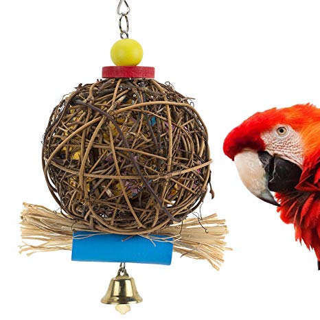PAMAGOO Parrot Bird Chewing Toy by, Natural Rattan Ball Cage Toy Preening Toy for Bird Parrot African Greys Budgie Parakeet Cockatiel Lovebird Cage Toy