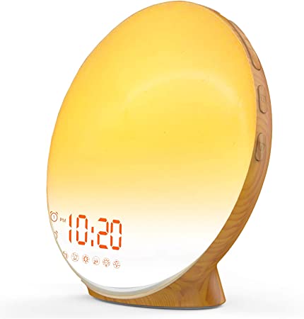 Wake Up Light Sunrise Alarm Clock for Kids, Heavy Sleepers, Bedroom, with Sunrise Simulation, Sleep Aid, Dual Alarms, FM Radio, Snooze, Nightlight, Daylight, 7 Colors, 7 Natural Sounds, Wood Color