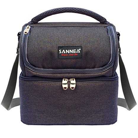Kinnet Insulated Double Decker Cooler Lunch Bag with Removable Shoulder Strap for Men, Women (Black)
