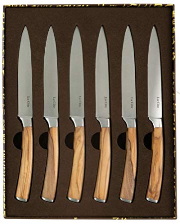 La Cote Six Piece Olive Wood Steak Knives Set Straight Edge Non Serrated Blades in Gift Box