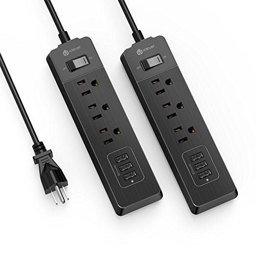 [2 Pack] iClever BoostStrip Smart Power Strip | USB Charger with 3 USB   3 AC Outlets, 6ft Extension Cord Charging Station - Black