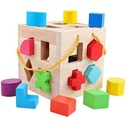 QZM Shape Sorter Toy with 19 Holes My First Wooden Toys Shapes and 12 Color Solid Wood Geometric Shape Puzzle Pieces Matching and Sorting for Toddlers - Learning and Educational Toys for Kids