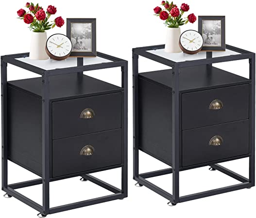 VECELO Side, Modern Nightstand Cabinet Shelf Decoration in Living Room Bedroom Lounge, End Tables with 2 Drawers, Black