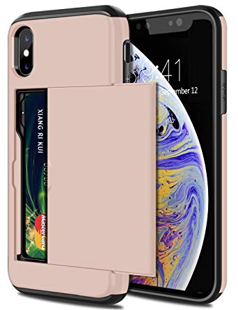 SAMONPOW Wallet Case for iPhone X Case with Card Holder Protective Case Dual Layer Shockproof Hard PC Soft Hybrid Rubber Anti Scratch Case for iPhone X iPhone Xs iPhone 10 5.8 inch Light Pink