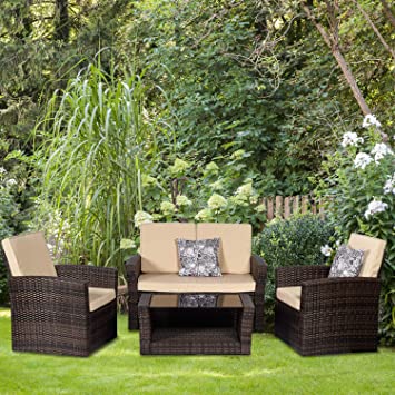 Aclumsy Patio 4 Piece Outdoor Patio Furniture Sets - PE Rattan Conversation Sofa Set Sectional Wicker Chair with Cushions and Tea Table Brown
