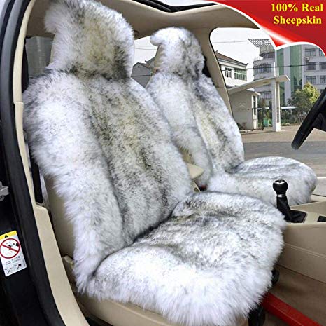 Sisha Winter Warm Authentic Australia Sheepskin Car Seat Cover Luxury Long Wool Front Seat Cover Fits Most Car, Truck, SUV, or Van (Grey Tips)
