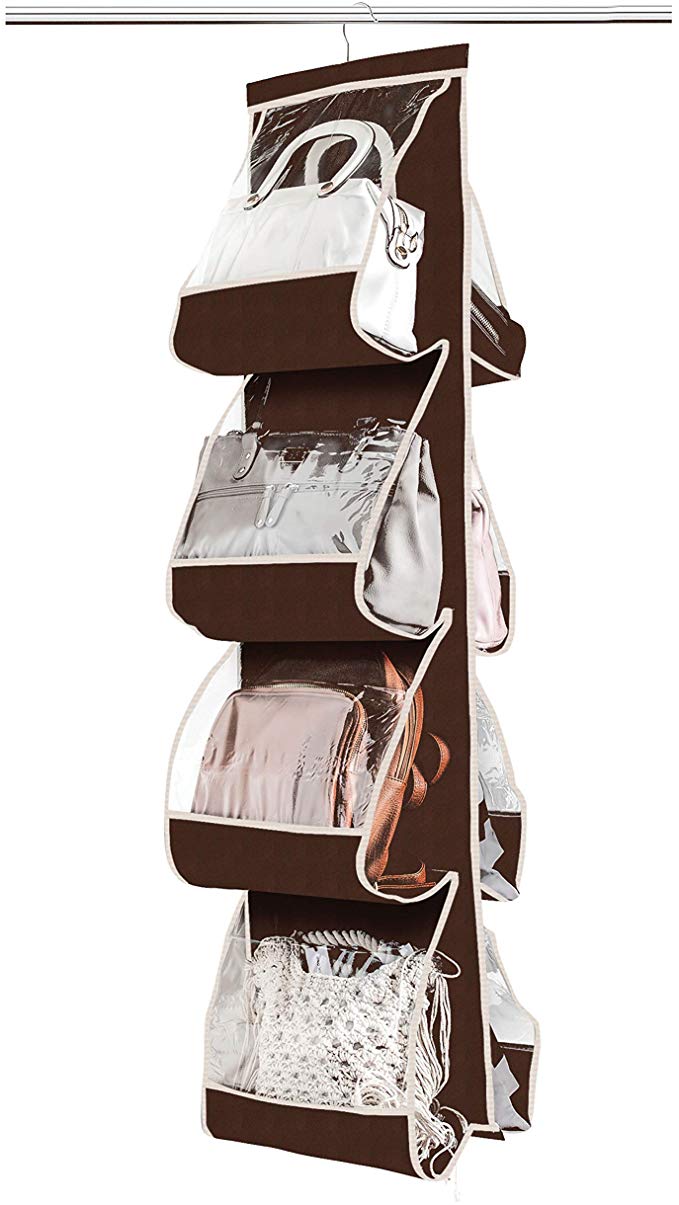 ZOBER Hanging Purse Organizer, Breathable Nonwoven Handbag Organizer, 8 Easy Access Clear Vinyl Pockets, White, 48 L x 12 W (Java Brown, 48 L x 12 W)