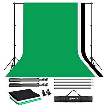 CRAPHY Portable Photo Studio 10 x 6.5ft Background Stand Kit Backdrop Support System with Upgraded Muslin Cotton Background (Green Black White, 9ft x 6ft) and Carrying Bag