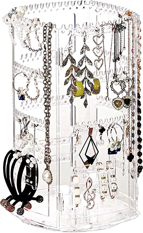 Cq acrylic 360 Rotating Earring Holder Organizer Clear Jewelry Displays Dangle Earinging Rack Necklace Bracelet Carousel Tree Towers,4 Tier Hanging Earring Display Stands For Selling,Pack of 1