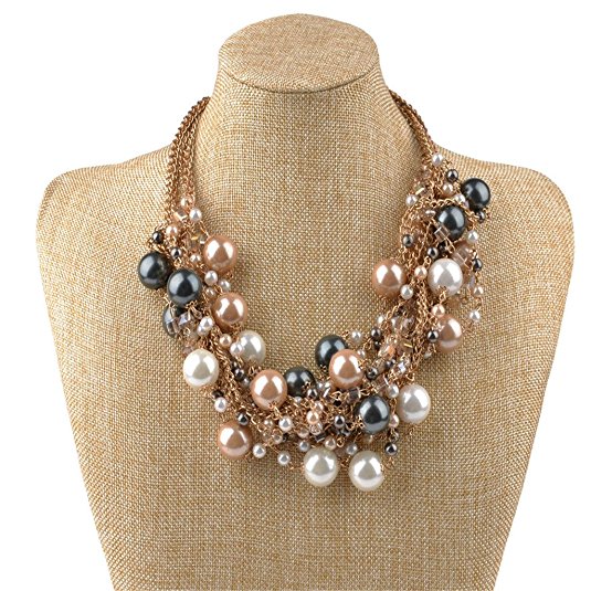 IPINK Fashion Charm Jewelry Pendant Faux Pearl Choker Chunky Statement bib Necklace and Earrings Set