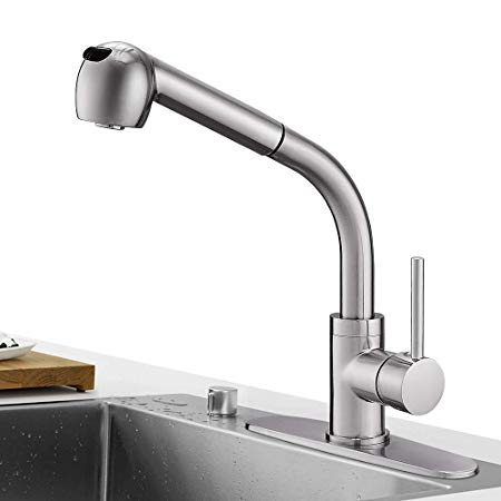 Hoimpro Single Hole Pull Down Kitchen Faucet, Commercial Copper High Arc Single Handle Kitchen Sink Faucet with Pull Out Sprayer,Modern Rv Laundry Faucet, Brass/Brushed Nickel (1 or 3 Hole)