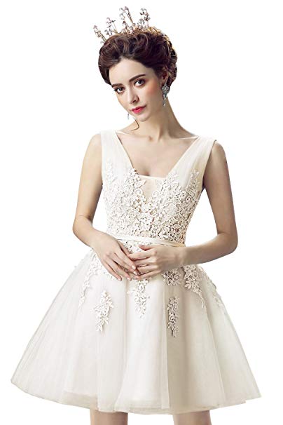 Babyonline Lace Tulle Prom Dresses Short V Neck Bridesmaid Homecoming Gown