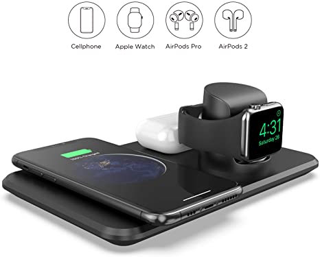 LETSCOM Wireless Charger,3 in 1 Qi-Certified 15W Fast Charging Station for Apple Watch, AirPods, Wireless Charging Dock Compatible with iPhone 11/11 Pro/XS Max/XR/XS/X/iWatch Series(NO QC3.0 Adapter)