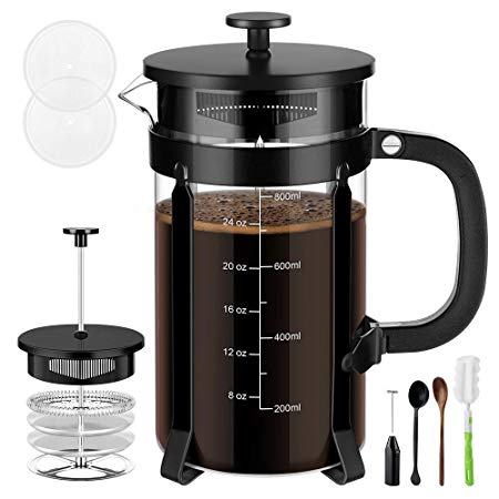 French Press Coffee Maker with 4 Filter Screens, Durable 304 Grade Stainless Steel Heat Resistant Borosilicate Glass Tea Maker (8 cups, 34 oz) with Milk Frother by Veken, Black