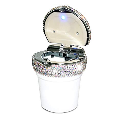 eing Car Cigarette Ashtray with Blue LED Light Indicator Portable Bling Smokeless Cylinder Cup Holder for Most Vehicles,White